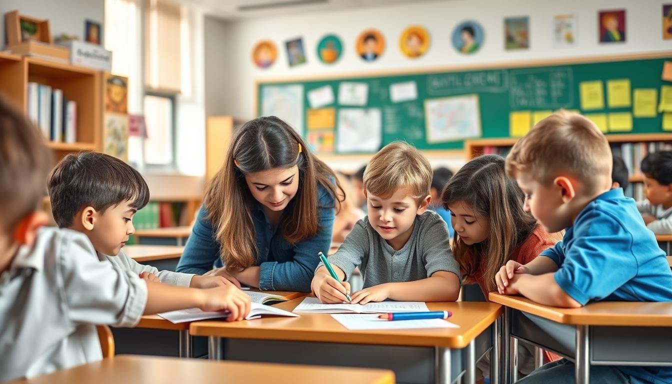 Students studying together in modern classroom